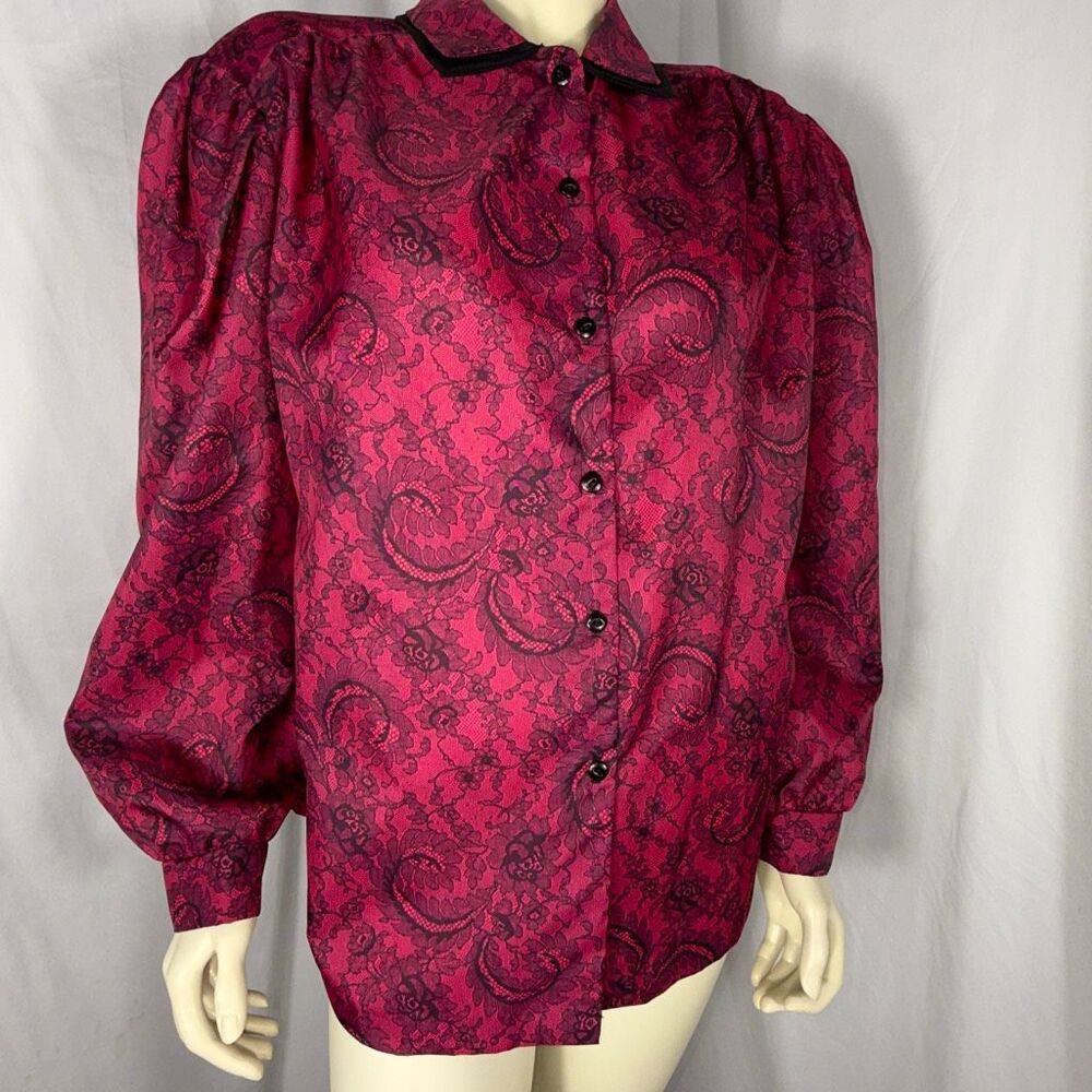 Vintage Lady Manhattan Plus Red Lace Print Blouse 22W / 42 |‎ Puff Sleeve Button